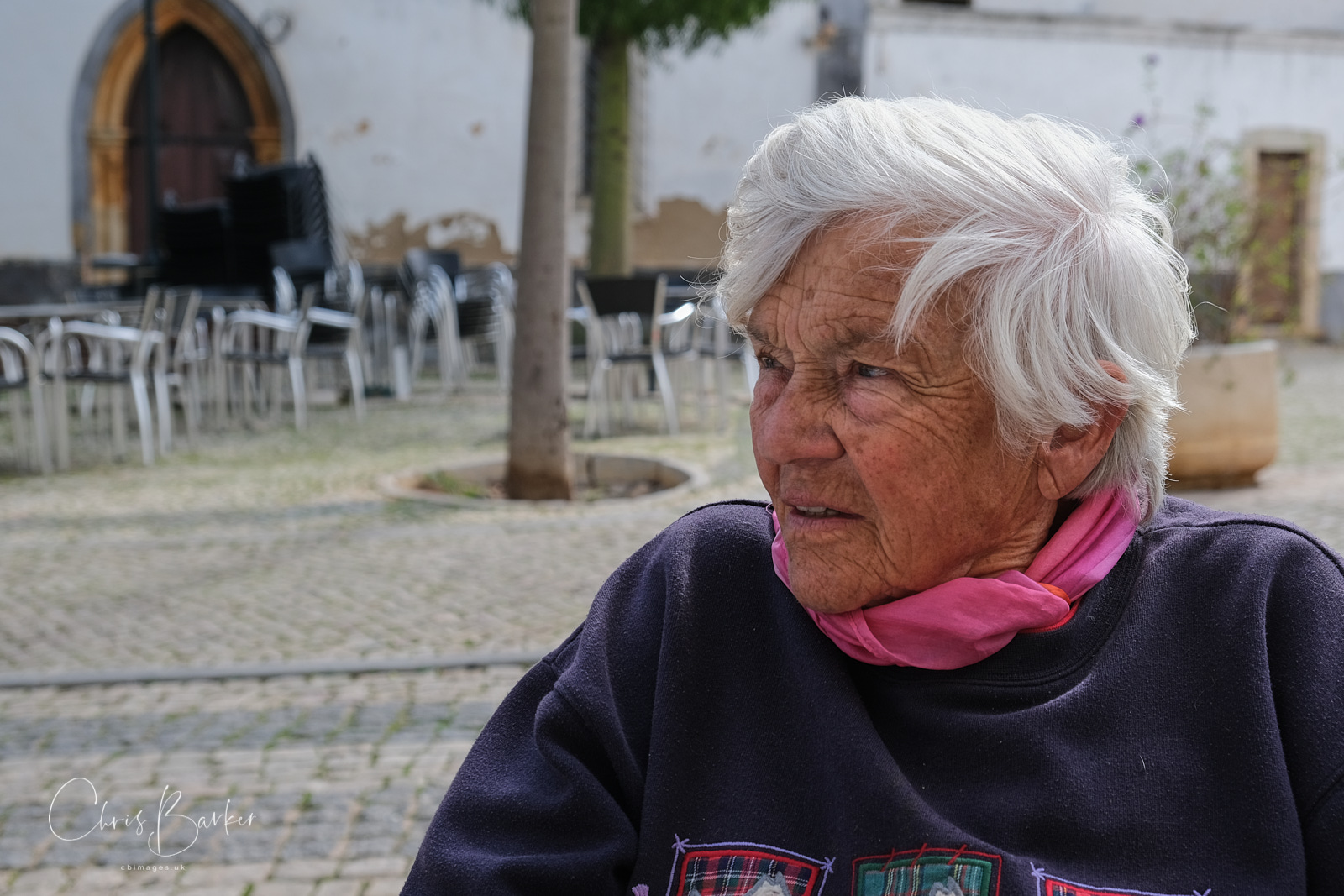 Silver-haired lady looking to side